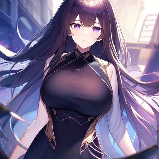 Clear focus,High resolution,High quality, Black long hair, Purple eyes, Wearing a techy outfit