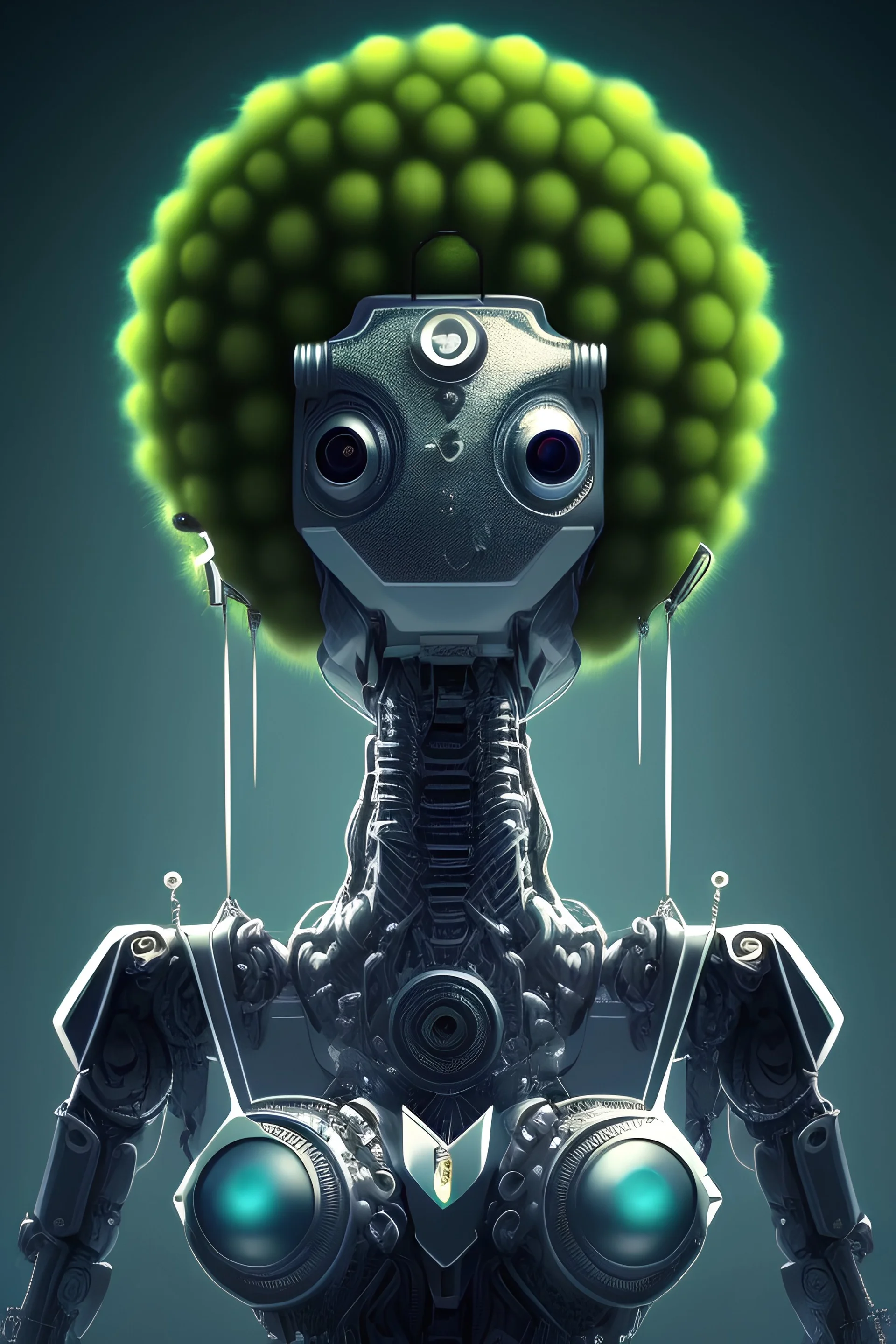 and the winner of the 'most hilarious punk robot' title is: a beautiful full frame portrait digital painting of futuristic broccolipunk robot, wide angle view, extreme close-up, macro lens, centered camera, titanium accents, intricate details, colorful, 8k, least ambient occlusion, volumetric lighting, volumetric clouds