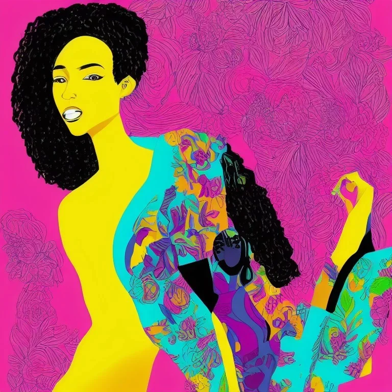 Portrait of beautiful black woman, illustration, bright colors, long hair