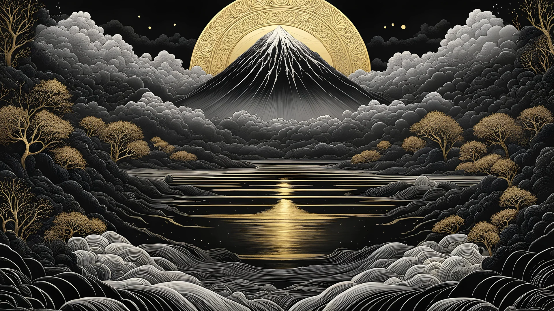 Dark clouds, black and white, self-reflection, integrity, the dark river, soaring, By Hokusai and James Gurney + Black paper with Intricate and vibrant Gold line work:: Tarot Card:: Mandelbulb fractal + Full of Golden layers + Trending on Artstation + Incredible Black and Gold Gothic Illustration + Exquisite detail