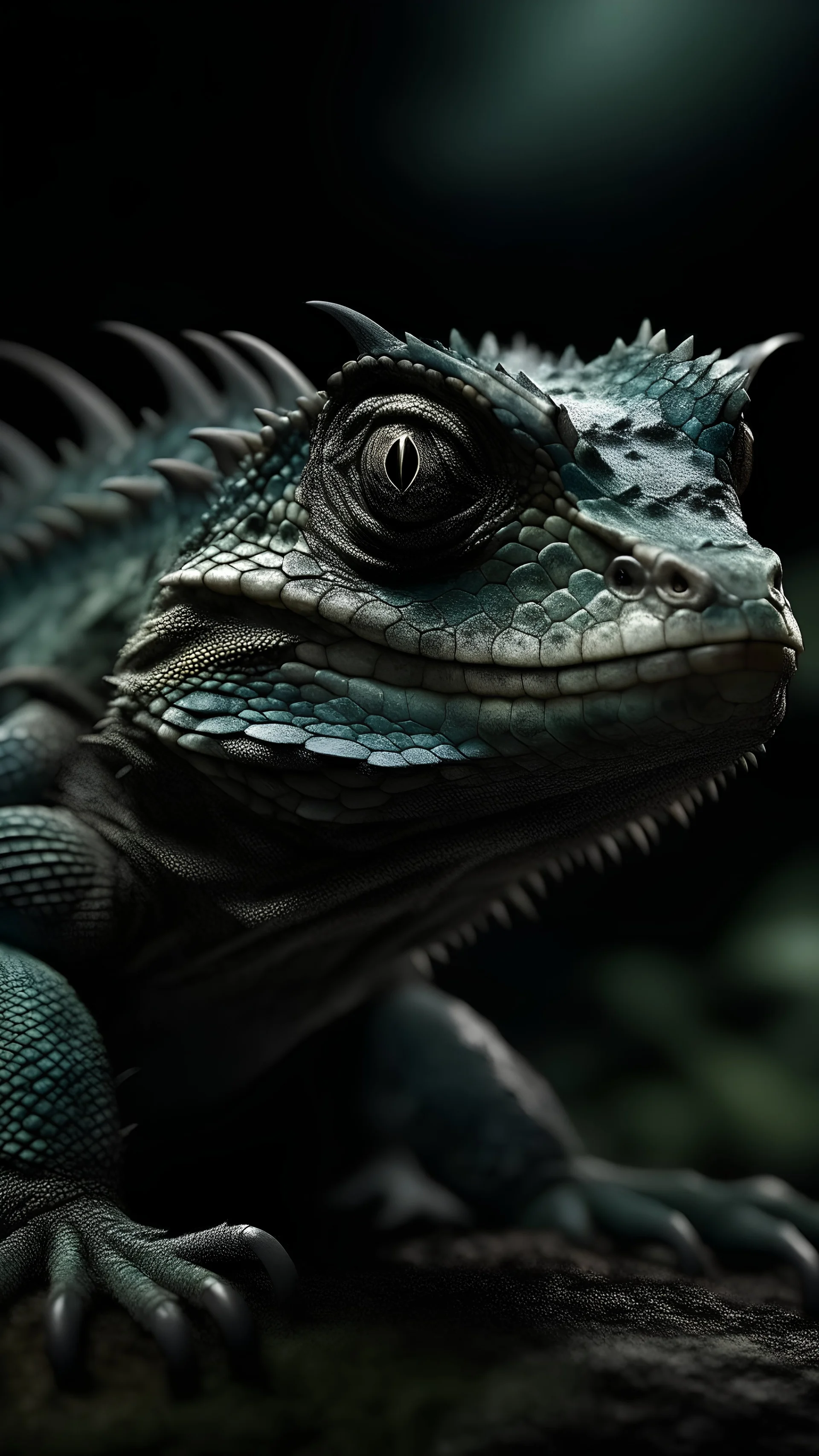 Create a hyperrealistic photograph of a lizard-like creature in an unfamiliar world. Emphasize the creature’s sharp features, making them stand out prominently. Infuse the scene with an unsettling atmosphere, evoking a sense of discomfort.