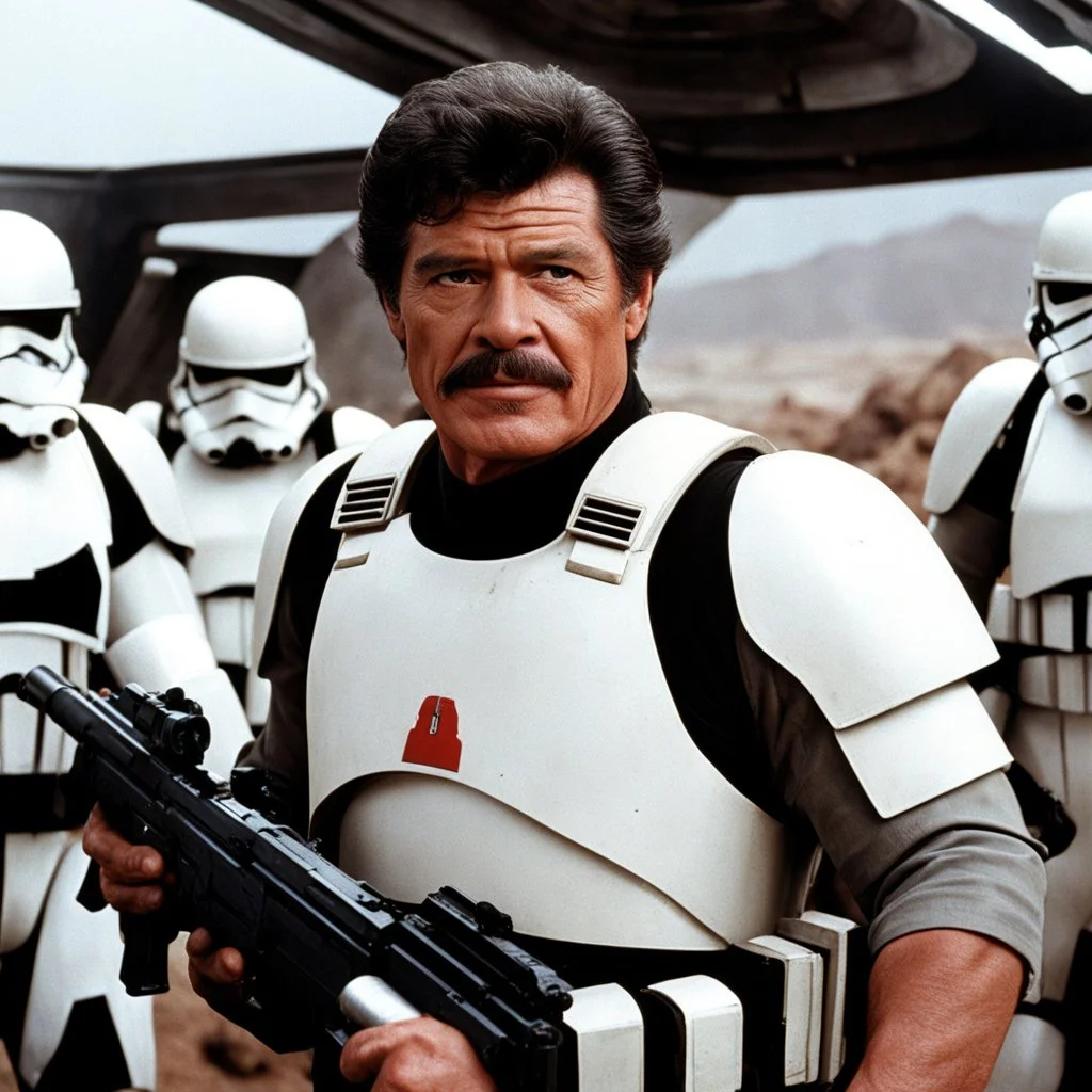 [in the spaceship] Charles Bronson faces stormtroopers, ready to fight, in dust, rust and blood, his body is covered with cartridge belts