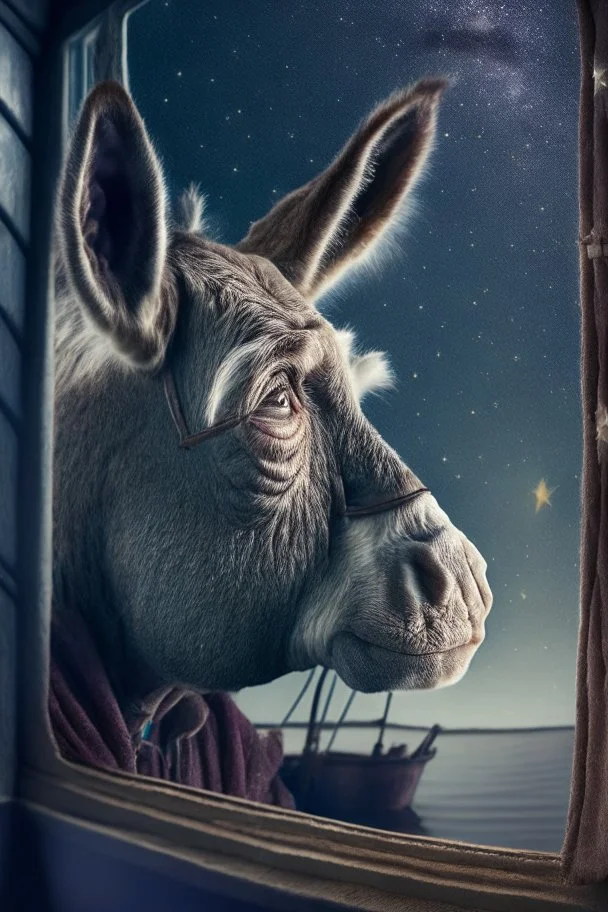 grandpa donkey portrait with background star field seen in the window of a boat, 4 k, trending art, depth of field