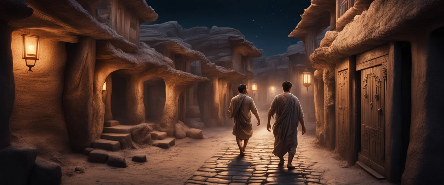 Hyper Realistic man carrying a diya walking between a prehistoric narrow street with ancient wooden houses gates at night