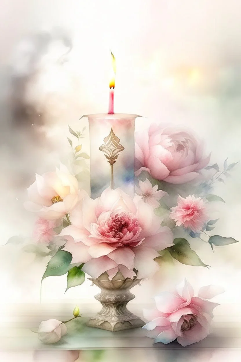 MAGIC A PYRAMID CANDLE IS BURNING AROUND WONDERFUL FLOWERS English watercolor, Smoky cream, pale gray, pale pink, pink background. bright light, a bouquet of roses on the table are pale pink, pale bordeaux, white, ochre. green stems, the light is translucent. Watercolor, fine ink drawing, peonies in an hourglass, elegant gold inlay, rich interior