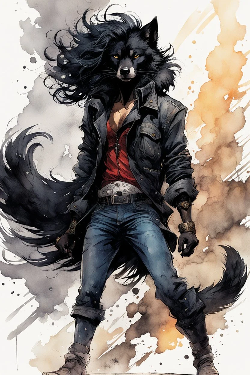 ink wash and watercolor full body concept illustration of an anthropomorphic, adventurous Black Wolf, urban guerilla girl character with wildly flowing hair, ornately dressed with highly detailed feathers and facial features in the comic book style of Bill Sienkiewicz and Jean Giraud Moebius, with a fine art aesthetic, highly detailed , boldly inked, 4k UHD cinegraphic quality