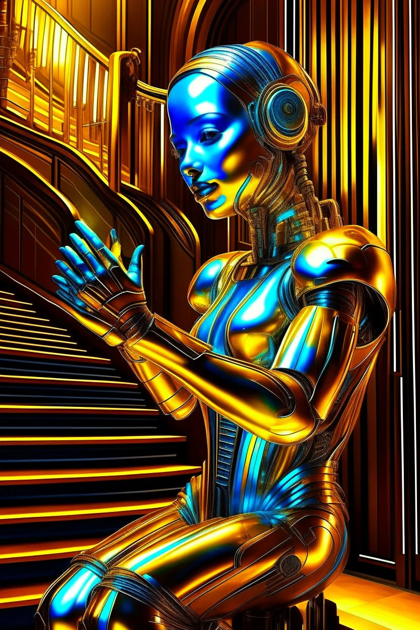 chrome chat robot banking woman smiling online in the style of escher and giger, spray paint, photo realism, trending on art station, 8k, depth of field, down light, light rays, volumetric, reflective spiral staircase, blue, yellow, golden brown and orange