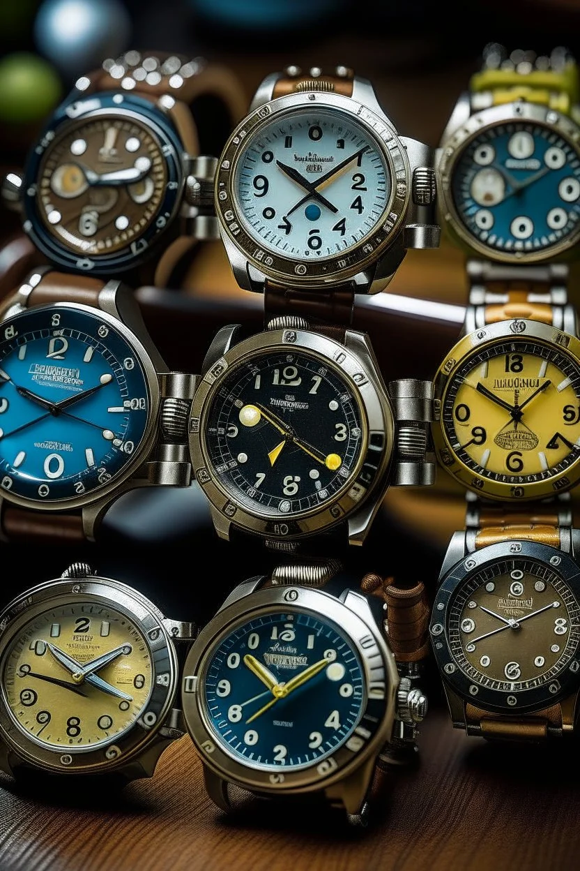 A collection of submarine watches, featuring various designs, colors, and features for enthusiasts and collectors.