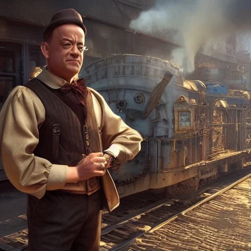 Tom Hanks steam punk character very detailed cinematic unreal engine photo realistic, dramatic lighting