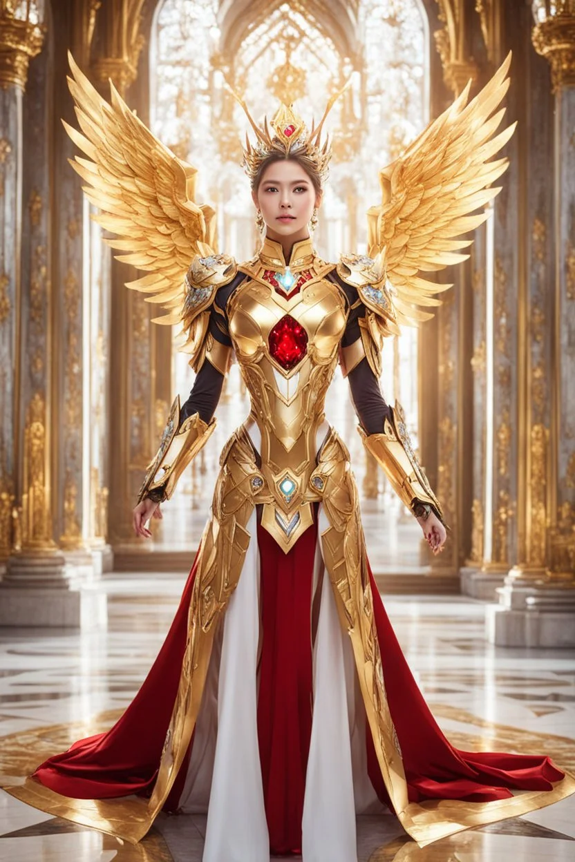 Halfbody Excited pose style Facing front Gorgeous Photography Beautiful Angel Queen Cyborg dressing Luxury Gown Mecha Golden and red diamond jewelry,walk in palace