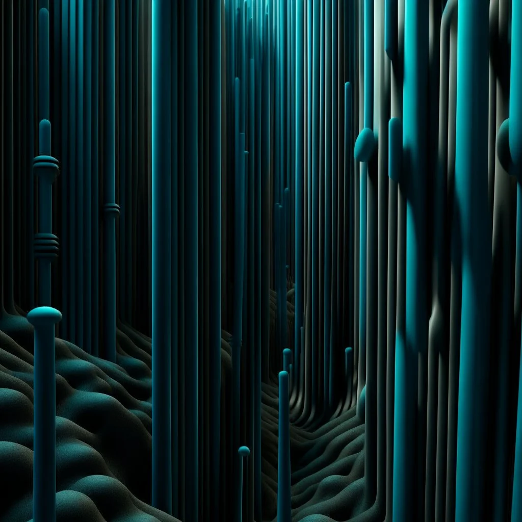 organ pipes which get more and more complex, by Seb McKinnon assisted by George Grie, surreal, meandering pipes, Dark Cyan and Indigo