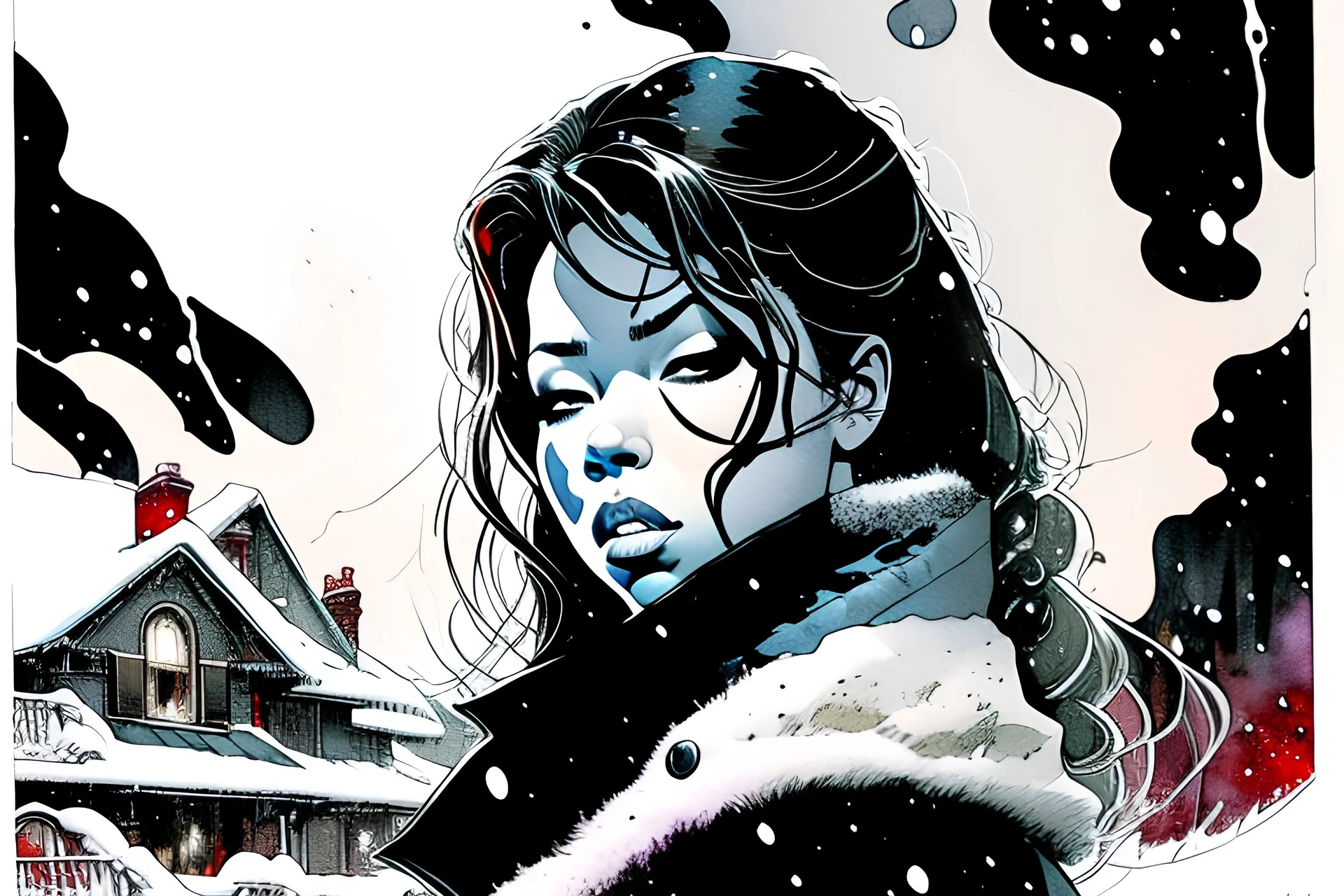 angry evil mariah carey, all i want for christmas is you, dark, snowflakes , snowy, create in inkwash and watercolor, in the comic book art style of Mike Mignola, Bill Sienkiewicz and Jean Giraud Moebius, highly detailed, gritty textures,