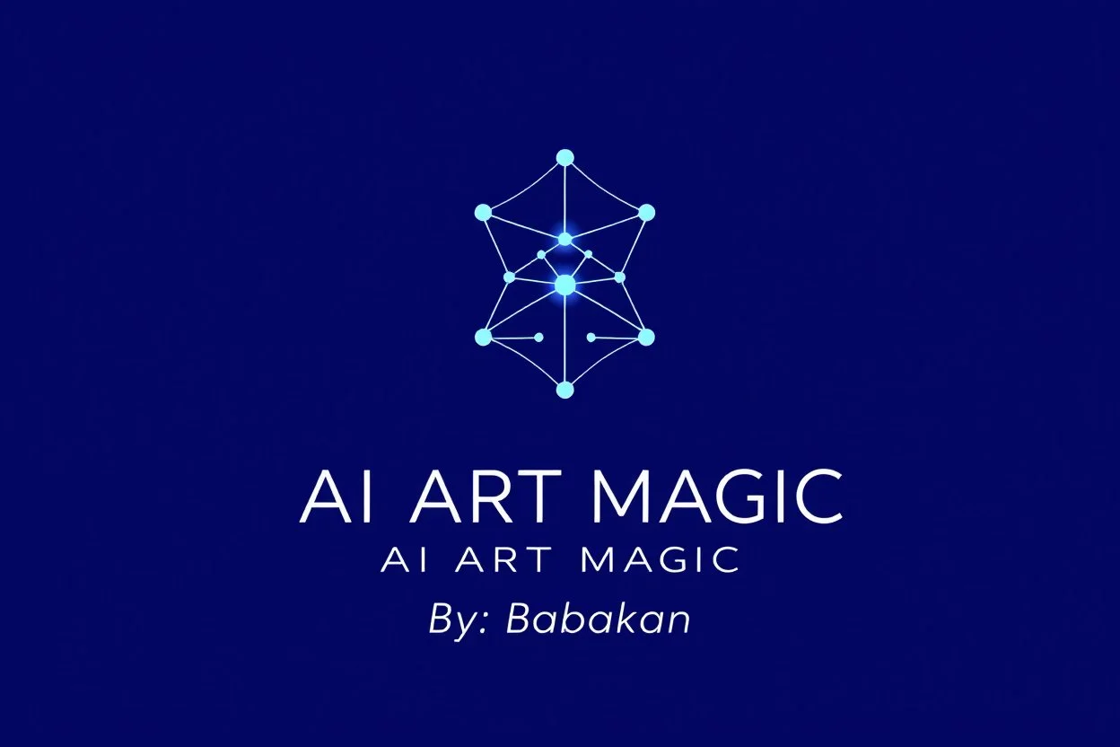 A professional, minimalist logo for a brand called “AI ART MAGIC”. The icon is an abstract, glowing, interconnected node-mesh structure forming a subtle spark of magic. Elegant, clean lines. Below the icon, the text “AI ART MAGIC” is in a modern sans-serif font, with “By: Babakan” written in a smaller, sophisticated font underneath. Color palette: Deep electric blue, neon purple, and crisp white. Vector style, high quality, solid background, professional graphic design.