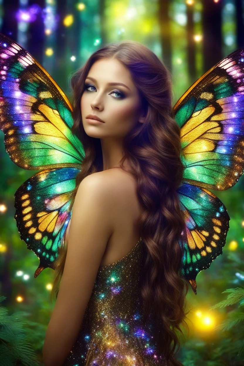 Gorgeous Photography Beautiful butterfly girl with shiny brown flowing hair, glitter colorful butterfly wings, lovely glowing green eyes, surrounded by magical colorful forest and flickering lights, digital photography, kaleidoscope, vibrant colors, vivid colors, colorful