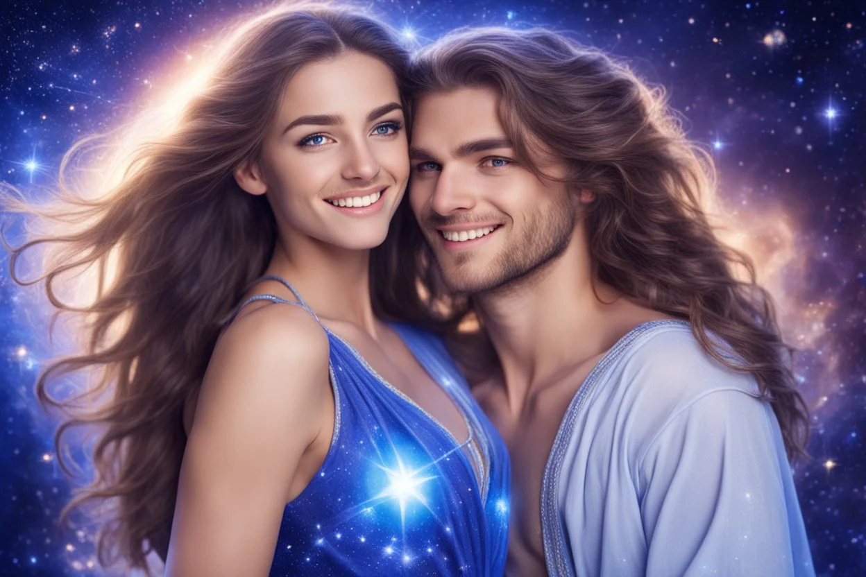 beautiful women with long hair, light eyes and blue brightness tunic, with a little sweety smile, with his boyfriend as a sweety strong cosmic warrior in peace. in a background of stars and bright beam in the sky