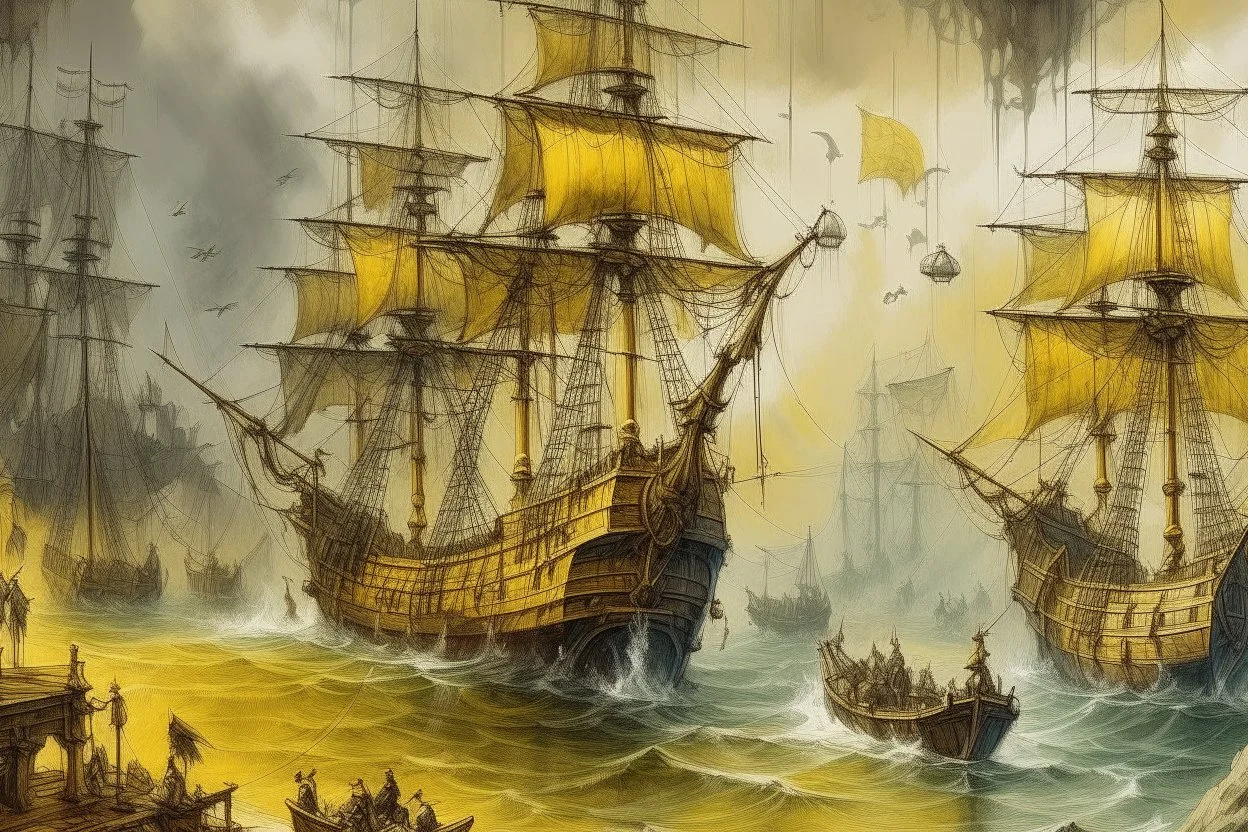 A yellowish white bay with pirate ships in a rainstorm painted by Zosan