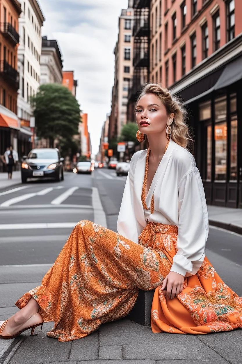 a supermodel in designer outfit sitting on street for magazine cover photoshoot