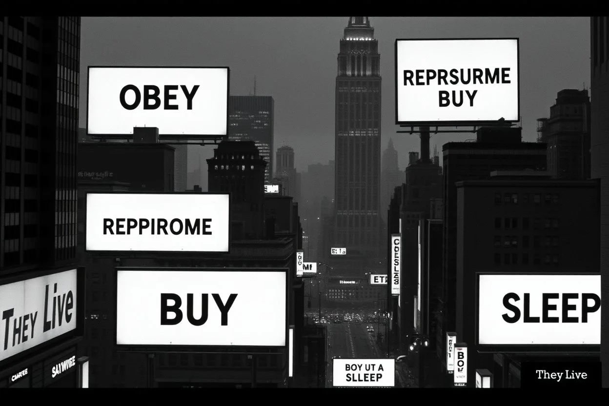 greyscale cityscape; large white billboards populate the city with black block lettering with text "OBEY", "REPRODUCE", "CONSUME", "BUY", "SLEEP", 'They Live' by john_carpenter movie still, concept art