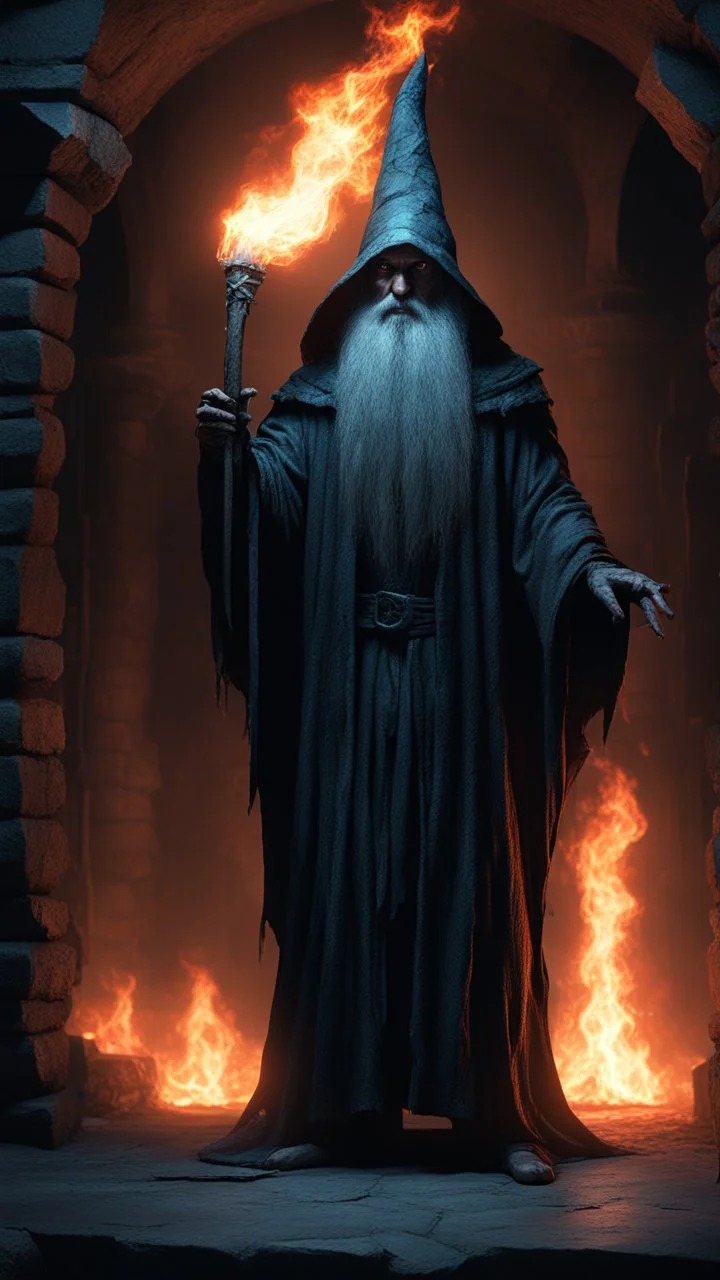 Busch painting style nightmare, a wizard standing in a 3d rendering full-height image of a grim and dark scene. Ensure the final images exhibit the utmost quality, with the play of a torch-lit dungeon encompassing 4K, 8K, and 64K resolutions, with 3D rendering that manifests in photorealistic, hyperrealistic, and highly detailed representations. Employ techniques such as HDR, UHD,