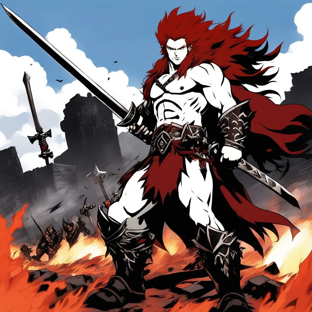 [wii No More Heroes style] once a flourishing field, now reduced to burned ruins, fumes of death hung heavy in the air. Amidst the devastation, an enraged redhead Barbarian, a towering figure of wrath and fury, thundered across the desolate landscape. His eyes blazed with a primal rage as he sprinted towards a lone white paladin, clad in chrome steel plate armor, a beacon of light amidst the darkness. The Barbarian faces the paladin.