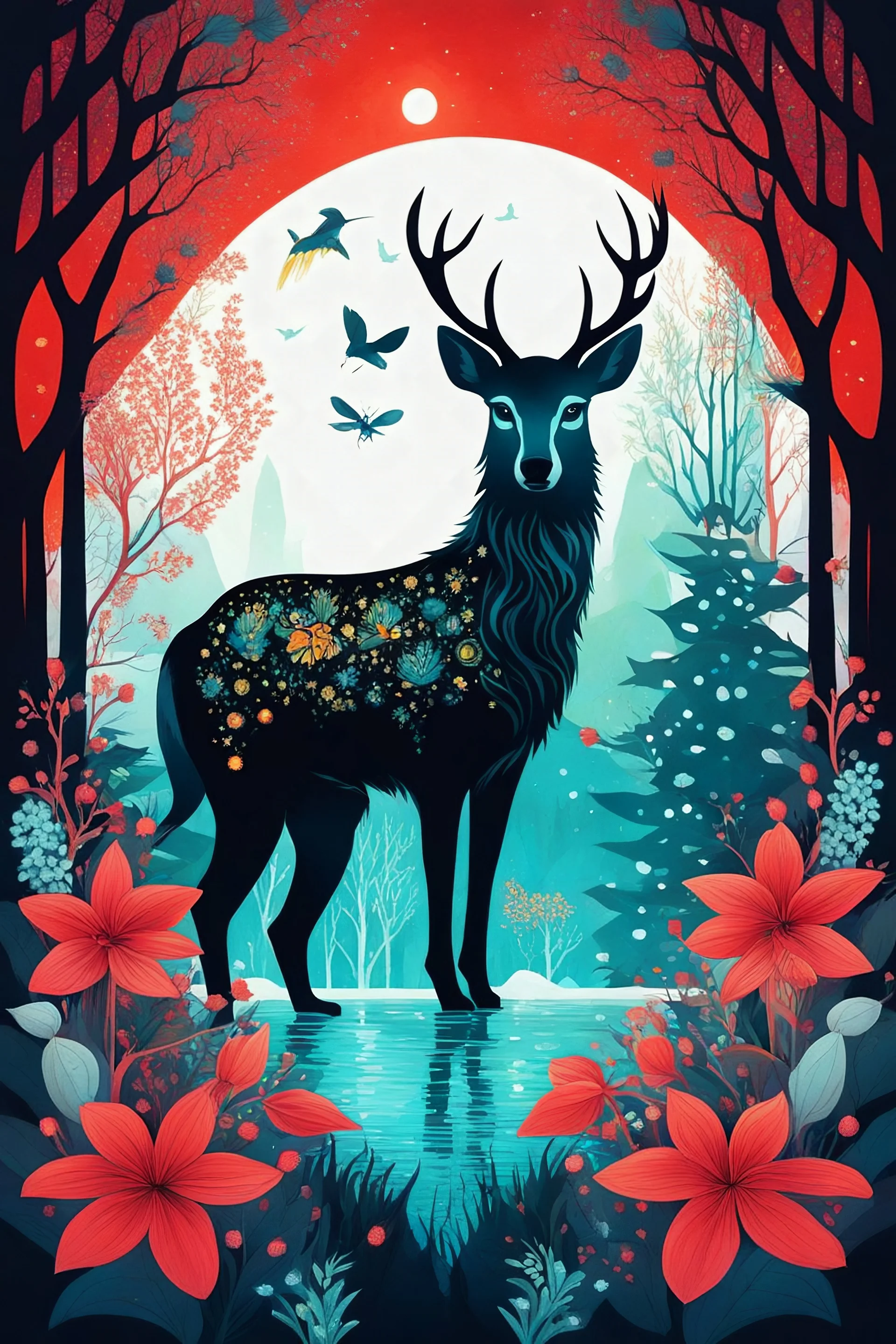 Minimalist modern art rendering featuring a deer with arabesque patterns, enveloped in a cyberpunk-meets-nature scene, cyber bees gathering nectar from icy flowers, a corny fish, and a bee-penguin hybrid among verdant foliage, under moonlit which illuminates dew and simulated fireflies, juxtaposed with Czech Wolfdog Mara in red lens-viewed tone, black