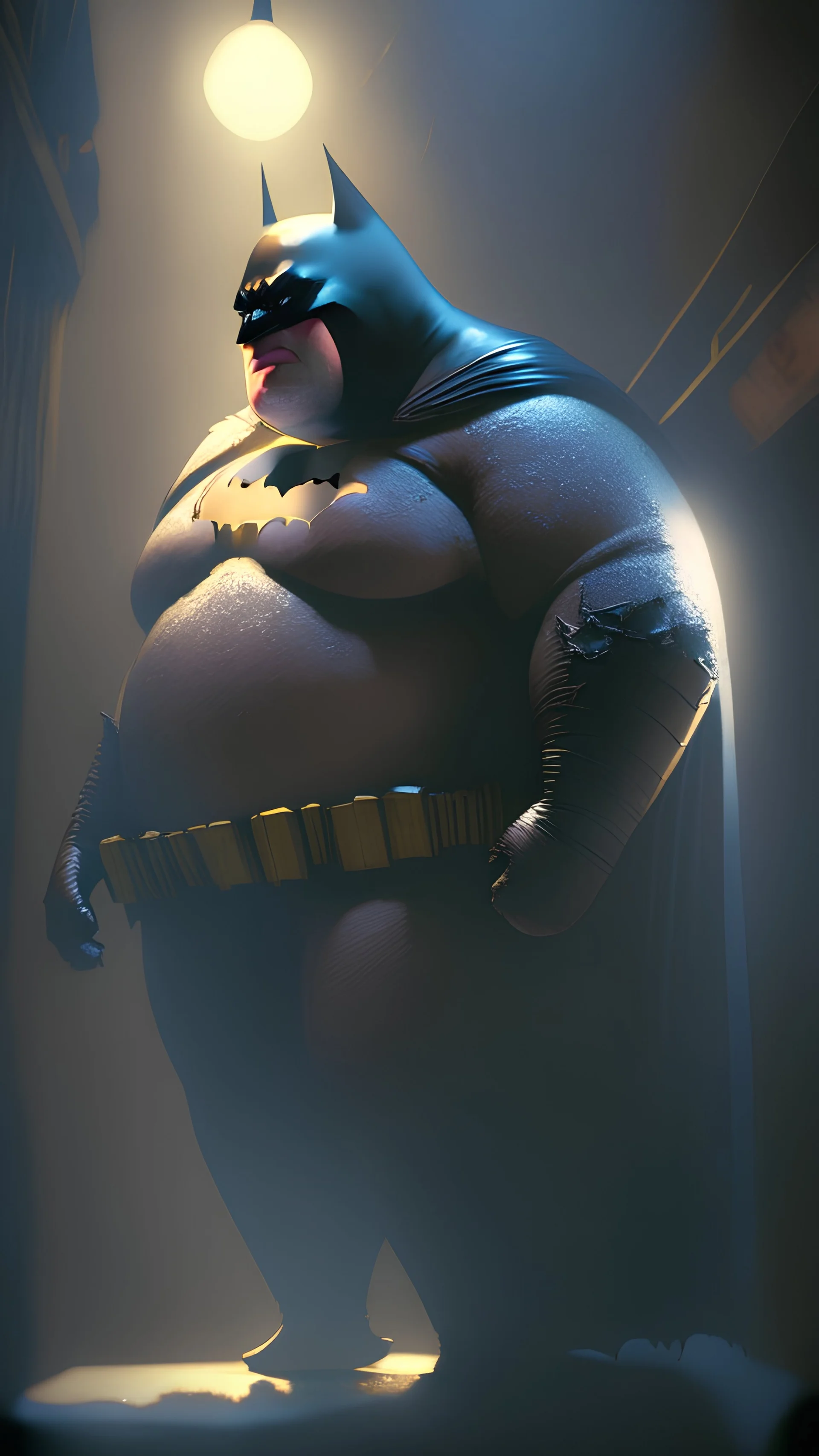 Batman but fat from,digital art,Cinematic lighting