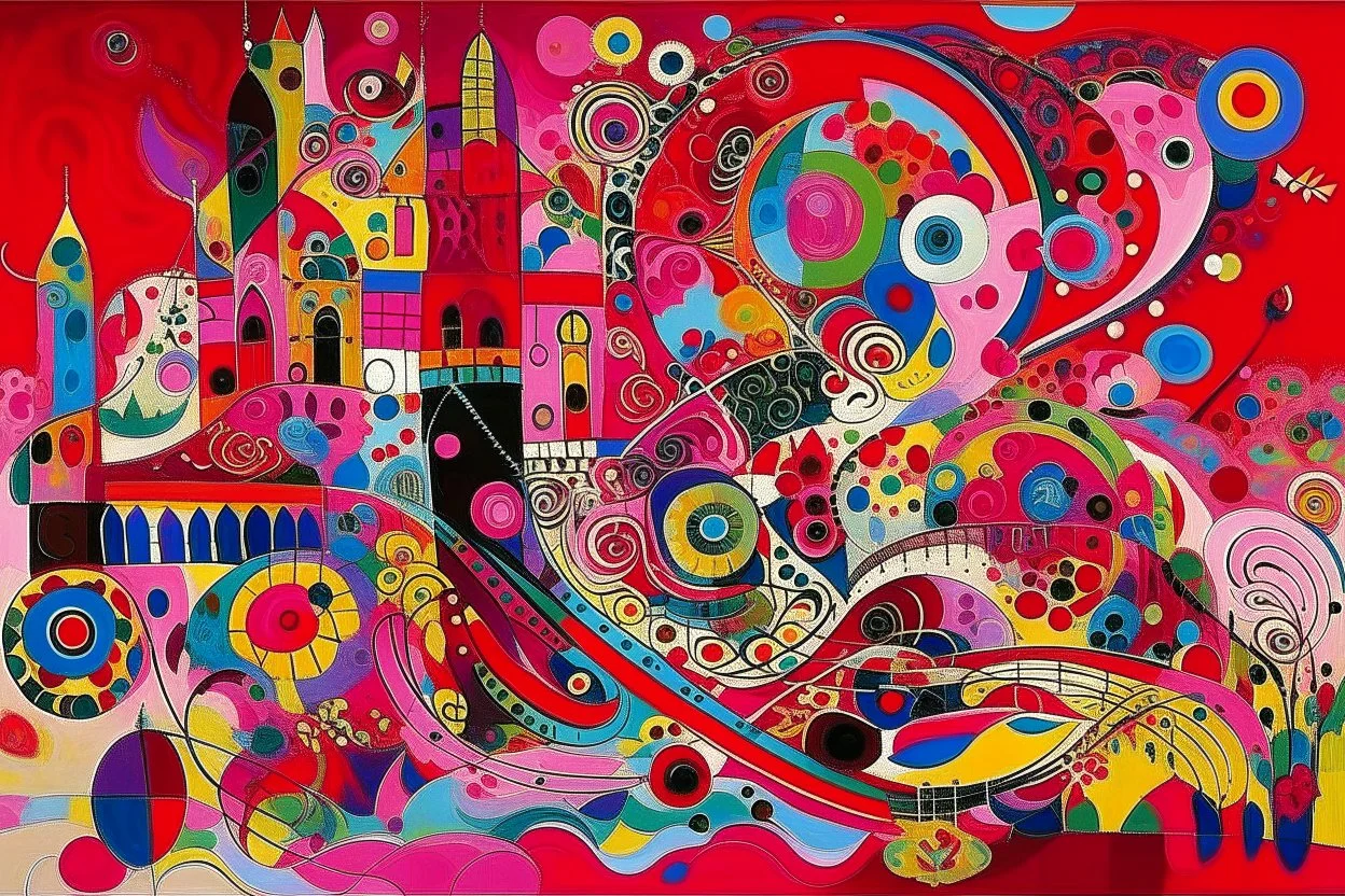 A magenta palace with swirls painted by Wassily Kandinsky