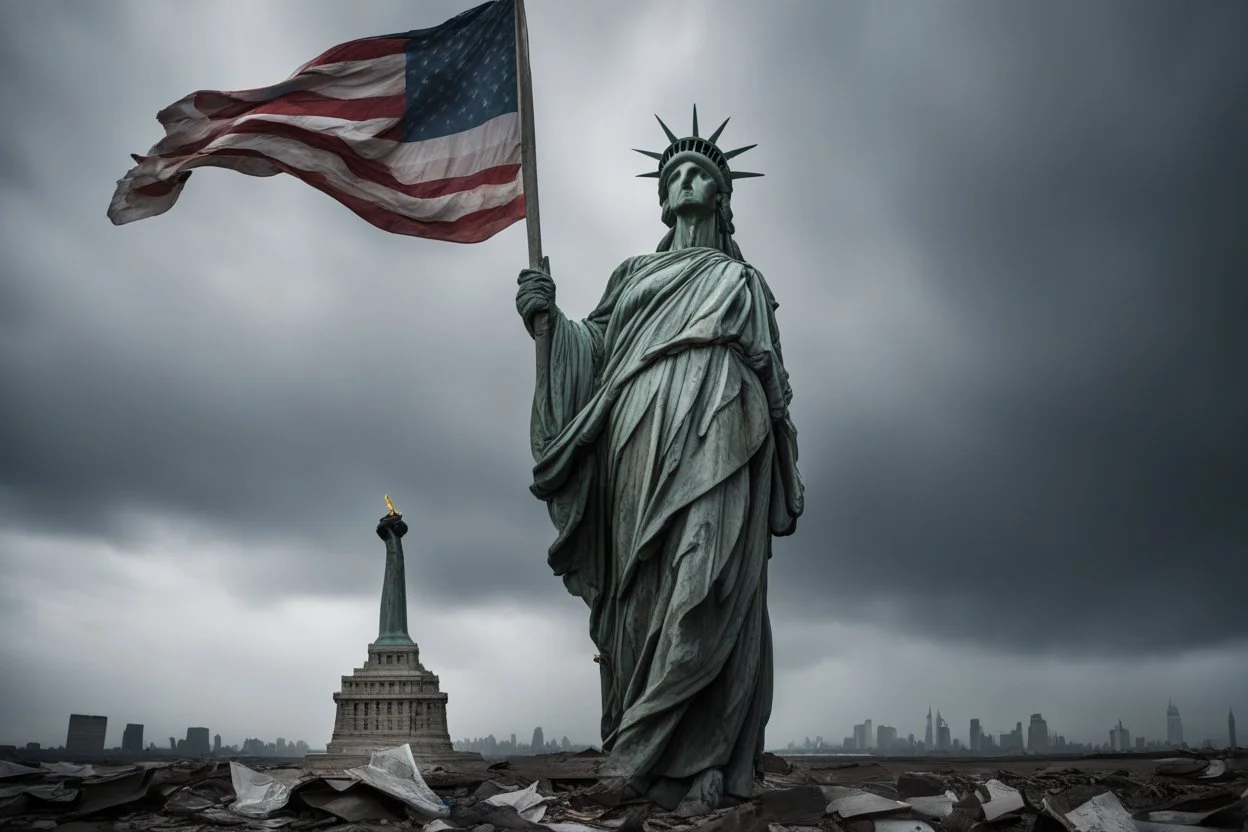 the statue of liberty, dress dirty and torn, her face solemn and terse, trash littered at her feet, she holds a crumpled american flag, she walks away with back turned under a dark and dreary sky, wide angle