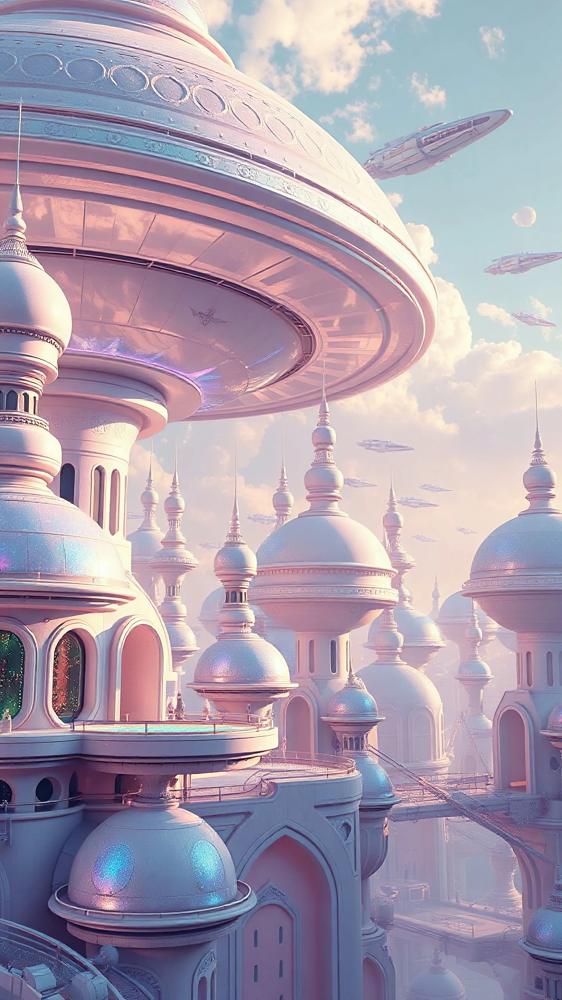 vision of a cosmic city, the futuristic architectures with rounded shapes, the structures are adorned with iridescent pastel colors that sparkle and change according to the light, creating a dreamy atmosphere and the ships in the sky combine to create a place of wonder and harmony. Cinematic scene, beautiful lighting, 3D high quality render