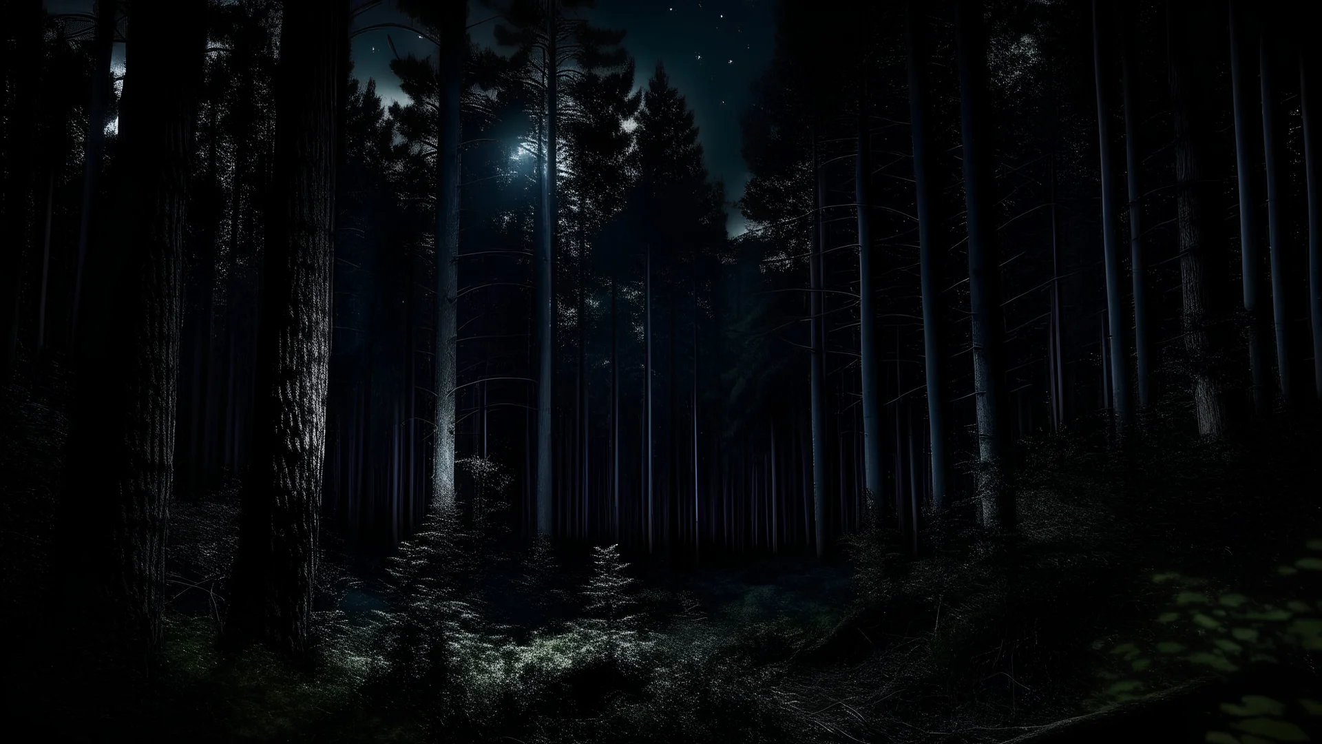 professional photo of a dark deep forest at night dark sky