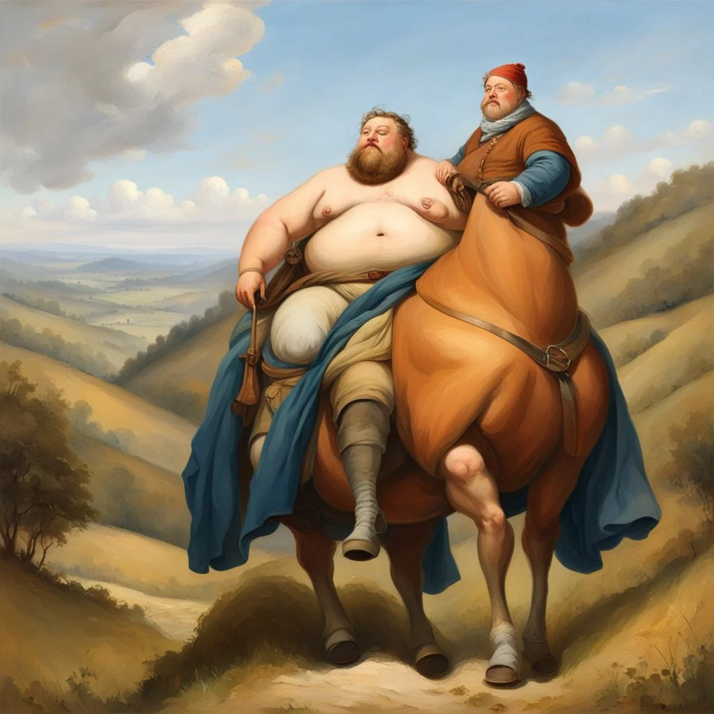 a big fat man sitting on a horse in hills like a 19th painting