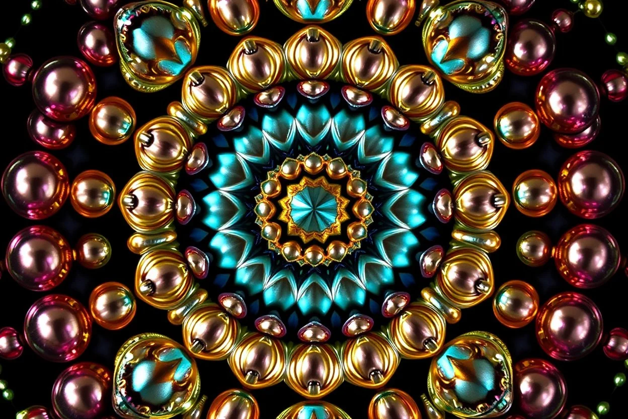 3d Kaleidoscope recursive made of a metallic random color pearl spheres,hexagon diamonds, turning many times likr Spirograph drawing Kaleidoscope Ruler Set creation