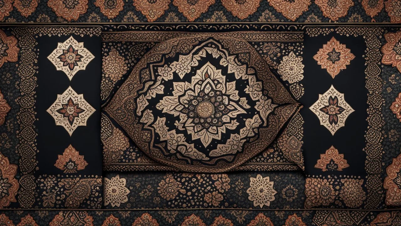 Hyper Realistic Detailed Traditional Ajrak-Fabric-Design on Rustic-Grungy-Black-Background