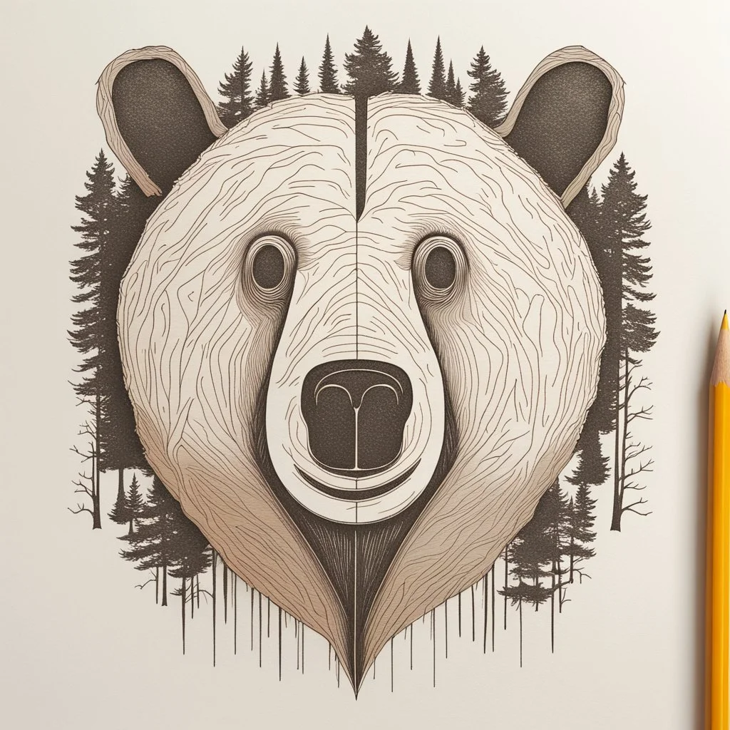 M shaped bear head combined with woods silhouette in backround, letterpress style, minimalistic pencil art