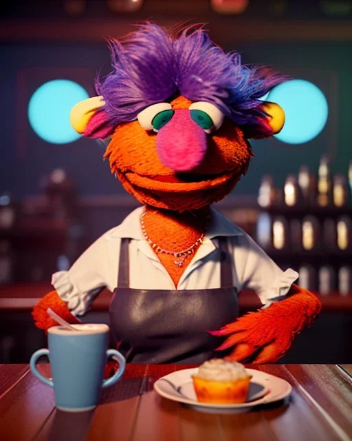 Pub, hybrid character, waitress woman with monster muppet mask that covers her entire head, retro style, Sesame Street style, smooth, unreal engine 5, god lights, ray tracing, RTX, lumen lighting, ultra detail, volumetric lighting, 3d.