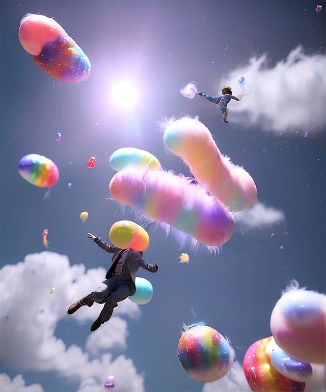 Ultra realistic speed clouds sky scene, wide angle view, sweet men falling down, Childs, feather inflatable color clothing, free jumping flying, many trinkets, hair monster, many jelly beans, balls, color smoke, smile, happy, circus style, extreme, wind, clouds sea, 20,000 feet altitude, stratosphere, soft color, highly detailed, unreal engine 5, ray tracing, RTX, lumen lighting, ultra detail, volumetric lighting, 3d, finely drawn, high definition, high resolution.