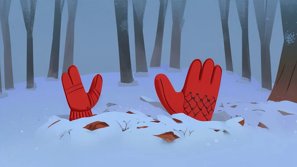 fantasy cartoon style illustration: red mitten on snow in the wood