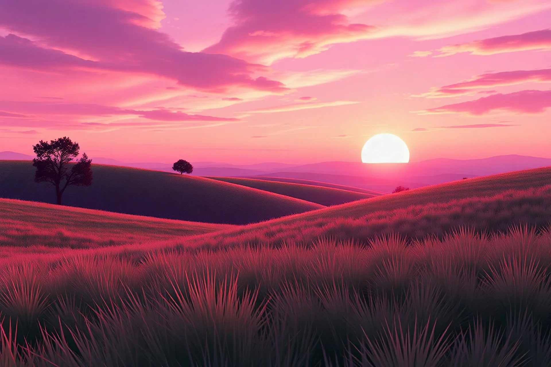 A sunrise landscape, light pink, purple sky, green grass moebius style