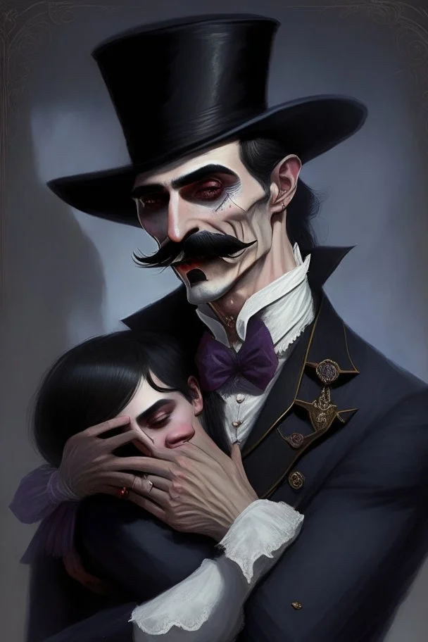 Strahd von Zarovich with a handlebar mustache wearing a top hat hugging a Harengon