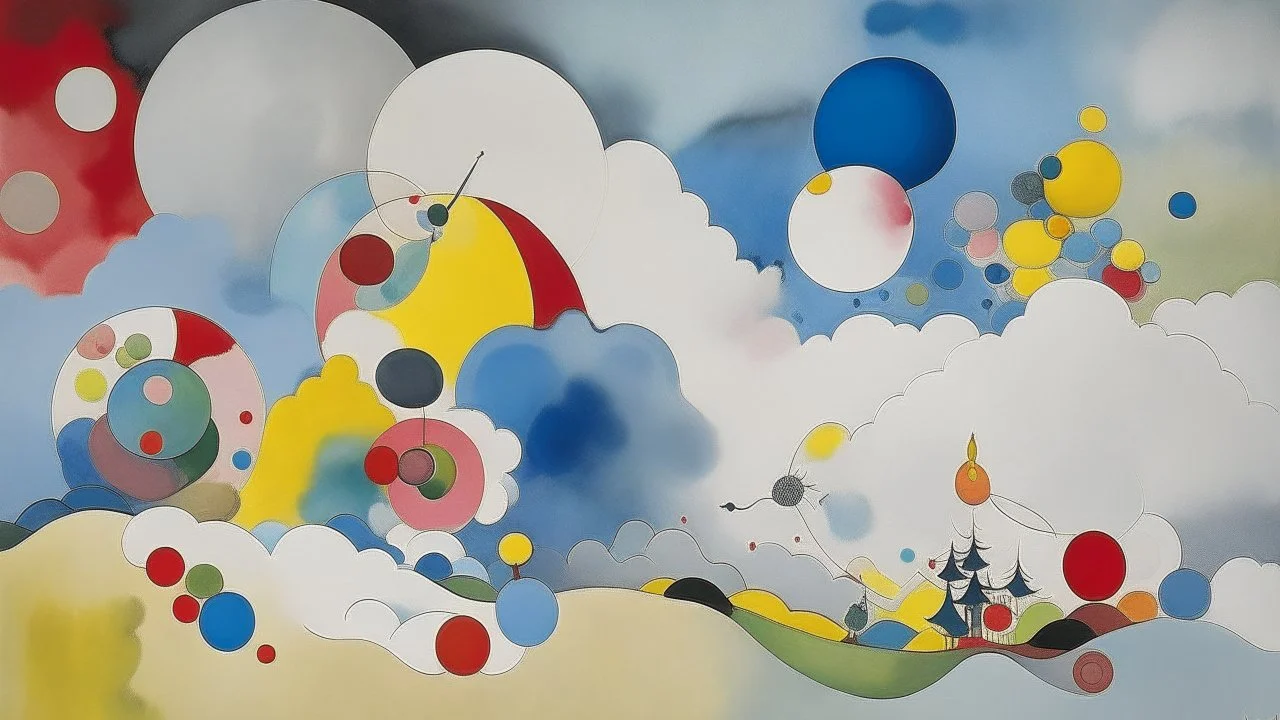 A white sky filled with clouds and balloons painted by Wassily Kandinsky