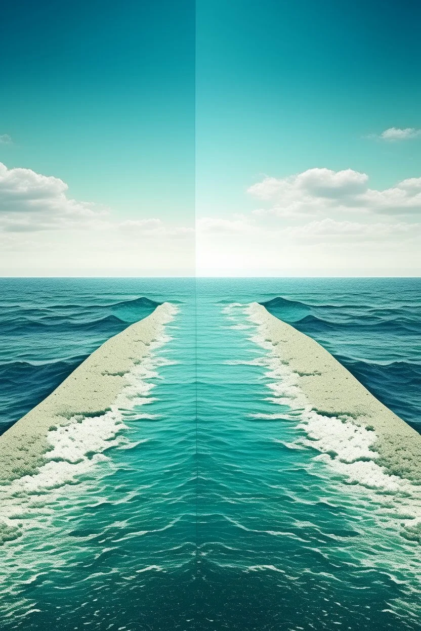 The ocean is divided into two and the infinite road appears. On both sides of the road, the sea water flows backwards like a waterfall.