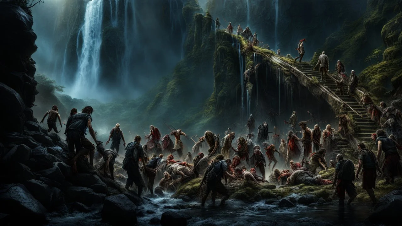 a pile of rotting zombies at the foot of a 3.000 feet high waterfall. fantasy setting, horror. exquisite realism, a masterpiece, fantasy concept art, dynamic lighting, hyperdetailed, intricately detailed, deep color, Unreal Engine, volumetric lighting, Epic cinematic brilliant stunning intricate meticulously detailed dramatic atmospheric maximalist digital matte painting