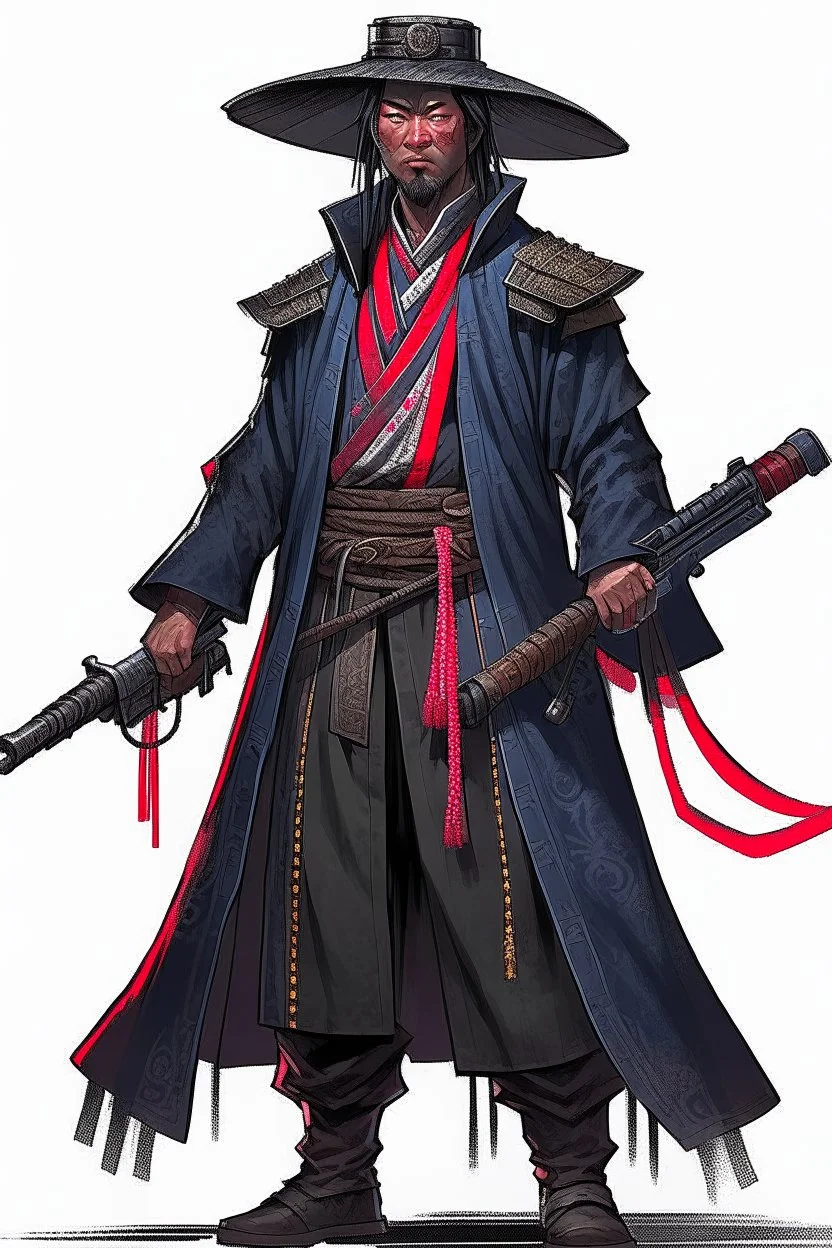 Gunslinger samurai, wearing a duster coat and mempo, with s cybernetic right arm