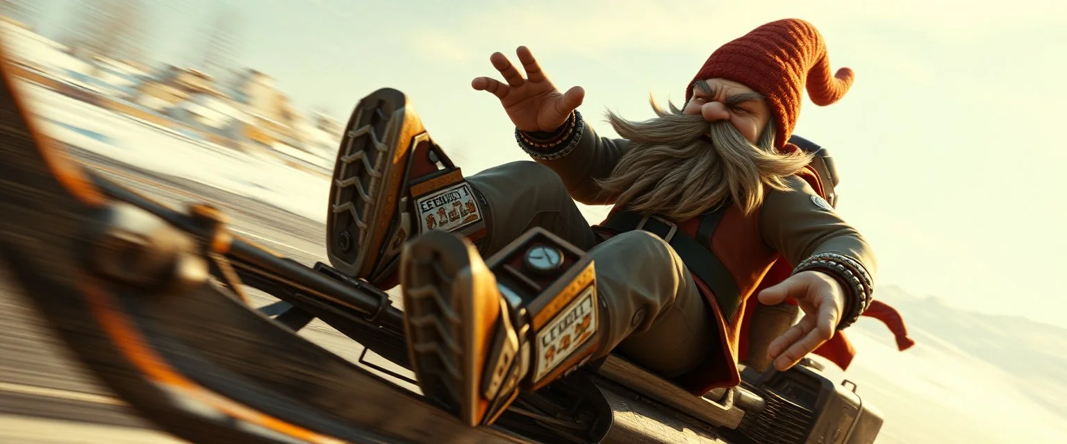 close up on gnome troll hit man with rocket boots in suit on a mech sled doing jumping stunt in winter wasteland, style of fallout 4, high speed with motion blur, on elevated road, beard blown into his face