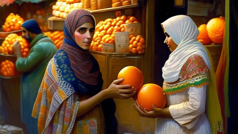 A full-length Palestinian girl wearing an embroidered dress and a white embroidered shawl buys oranges from an old seller wearing a keffiyeh in the market of Jerusalem, 100 years ago, at night with multi-colored lights reflecting on her.