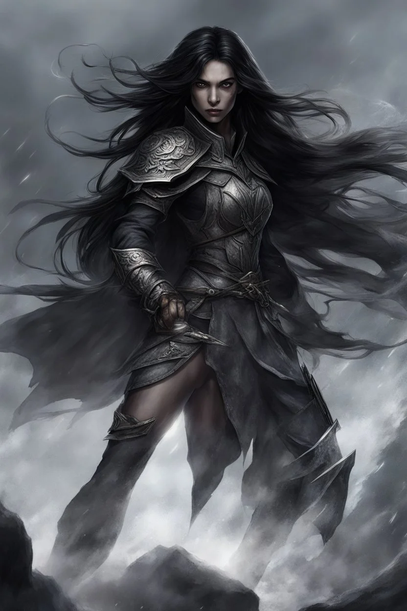 A female elf with skin the color of storm clouds, deep grey, stands ready for battle. Her long black hair flows behind her like a shadow, while her eyes gleam with a fierce silver light. Despite the grim set of her mouth, there's a undeniable beauty in her fierce countenance. She's been in a fight, evidenced by the ragged state of her leather armor and the red cape that's seen better days, edges frayed and torn. In her hands, she grips two swords, their blades spattered with an eerie green blood