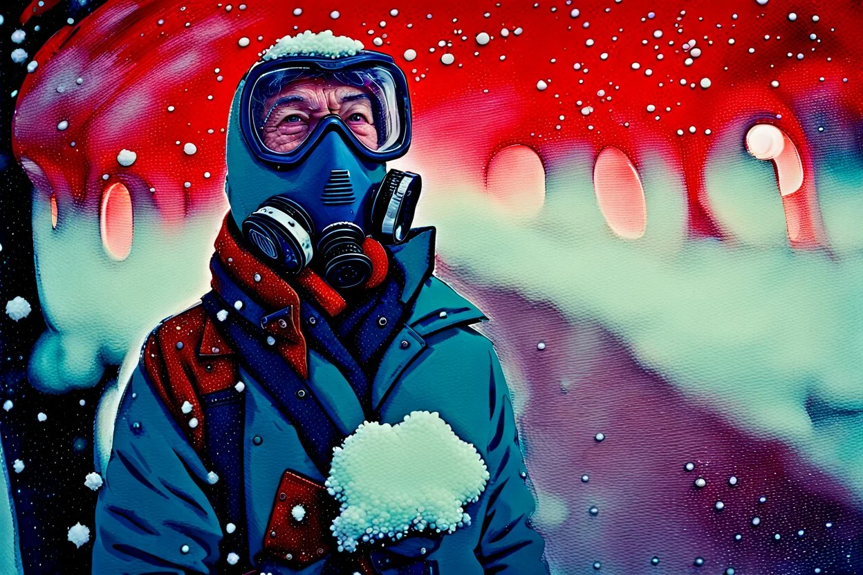 close up documentary photography, Calgary, Respirator, scientist, Dystopian, Hyper detailed, realistic,Japanese, Extreme depth of field, bokeh blur, winter, blizzard, Alberta, all-natural, in the style of candid, Captured on lustrous Kodak Vision3 Color Negative Film 500T 5219,