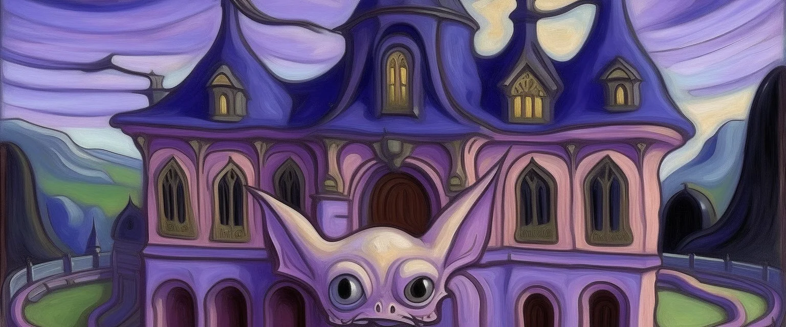 A light purple vampire bat chateau painted by Edvard Munch