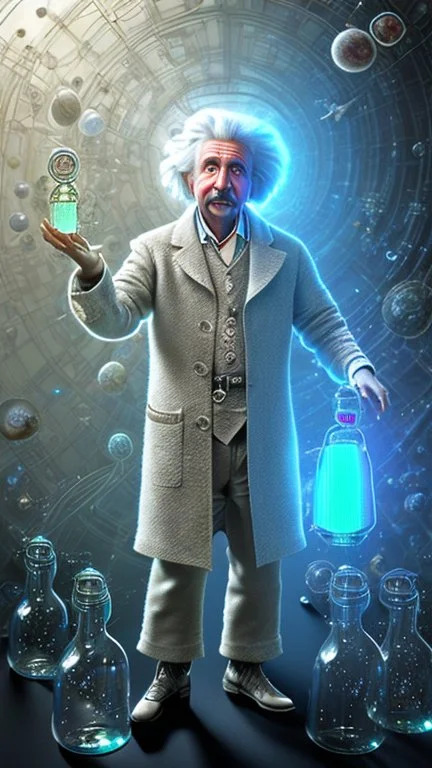 Albert Einstein, detailed and intricate calligraphy ink painting of a "cyborg Mad Scientist" holding beakers, outer space Background cosmic fractals, dystopian, concept art, unreal engine 5, god rays, ray tracing, RTX, lumen lighting, ultra detail, volumetric lighting, 3d, finely drawn, high definition, high resolution. award-winning: professional portrait: atmospheric: commanding: fantastical: clarity: 16k: ultra quality: striking: brilliance: stunning colors: amazing depth: masterfully crafted
