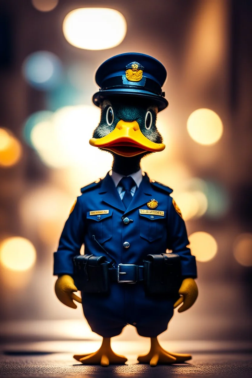 a really stupid duck policeman, bokeh, downlight, prize winning, depth of field, in the style of ivo caprino, backlight, aura